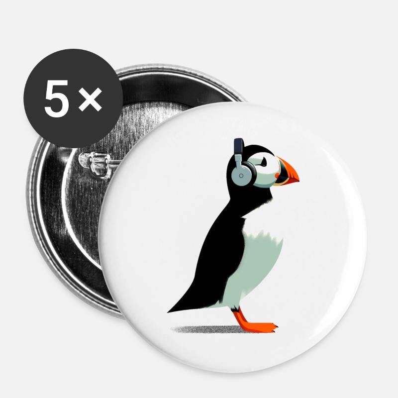 Puffins with headphones - Buttons large 2.2''/56 mm (5-pack) - white