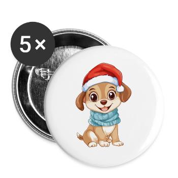 Hund Weihnachten Süß Niedlich Xmas Weihnachtlich - Buttons groß 56 mm (5er Pack) - Weiß - Vorne