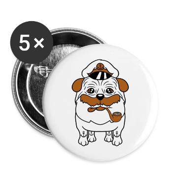 Alter Mops Hund Kapitän Lustig Süß Cartoon Comic - Buttons groß 56 mm (5er Pack) - Weiß - Vorne