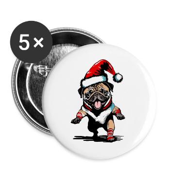 Tanzender Mops mit Weihnachtsmütze - Buttons groß 56 mm (5er Pack) - Weiß - Vorne
