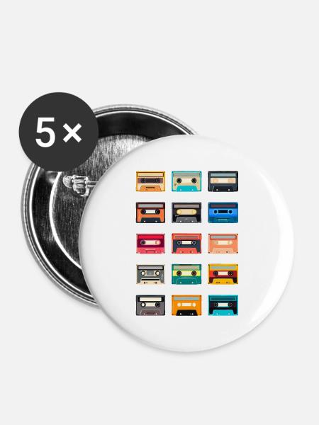 Retro Kassette 70s 80s 90s - Buttons groß 56 mm (5er Pack) - Weiß