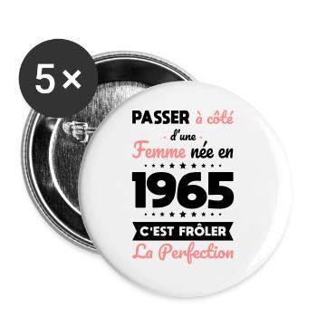 Anniversaire 60 ans - Née 1965 Frôler perfection - Lot de 5 grands badges (56 mm) - blanc - Devant