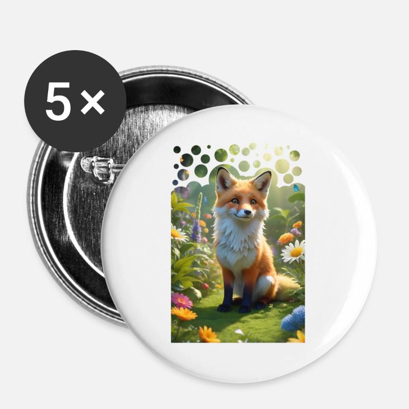 Vilain renard mignon sur une prairie avec des fleurs - Lot de 5 grands badges (56 mm) - blanc