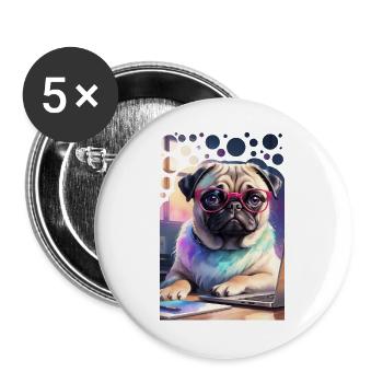 Office Dog Pug with Laptop and Pink Glasses Pop Art - Buttons large 2.2''/56 mm (5-pack) - white - Front
