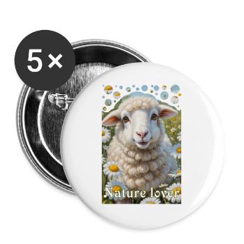 Naturliebhaber kuscheliges Schaf Blumenwiese - Buttons groß 56 mm (5er Pack) - Weiß - Vorne