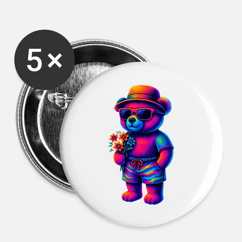 neon-coloured teddy bear in beach look - Buttons large 2.2''/56 mm (5-pack) - white