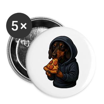 Dackel im Hoodie beim Pizzaessen - Buttons groß 56 mm (5er Pack) - Weiß - Vorne