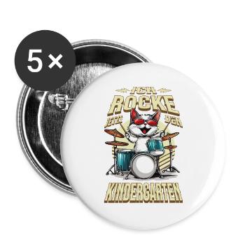 Kindergarten Kita Katze Schlagzeug Rock Musik - Buttons groß 56 mm (5er Pack) - Weiß - Vorne