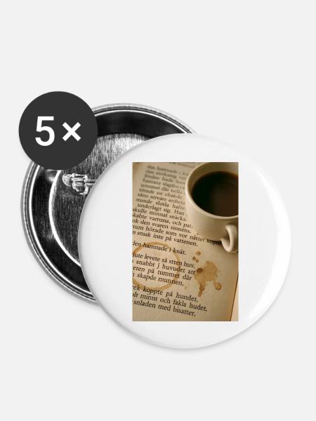 Buch und Kaffee - Buttons groß 56 mm (5er Pack) - Weiß