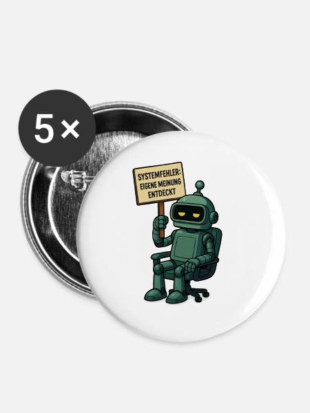 Systemfehler entdeckt – Denk selbst! Roboter - Buttons groß 56 mm (5er Pack) - Weiß