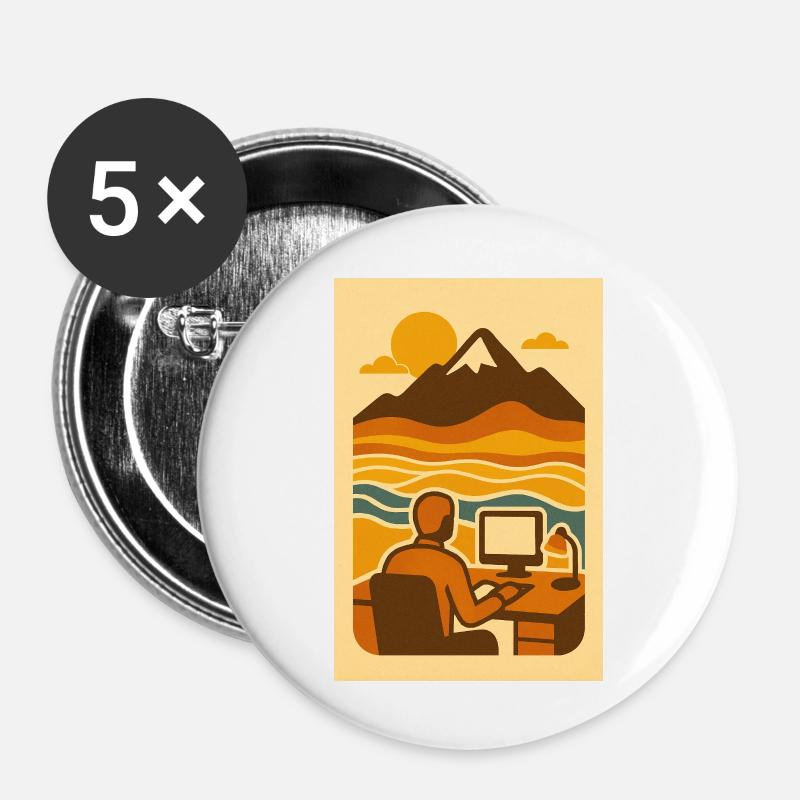 Work & Waves – Retro Mountain Office Art - Buttons groß 56 mm (5er Pack) - Weiß