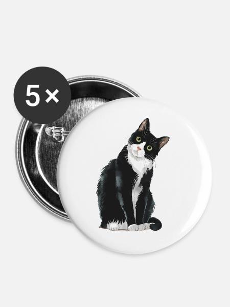 Schwarz-weiße Katze - Buttons groß 56 mm (5er Pack) - Weiß