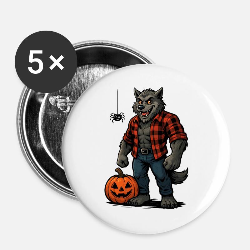 Halloween Werewolf with Pumpkin and Spider - Buttons large 2.2''/56 mm (5-pack) - white