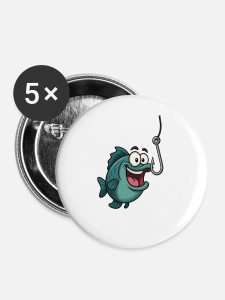 Cartoonfisch mit Haken - Buttons groß 56 mm (5er Pack) - Weiß