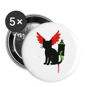 Schwarz Katze mit Flammenflügeln und Sprühdose - Buttons groß 56 mm (5er Pack) - Weiß - Vorne
