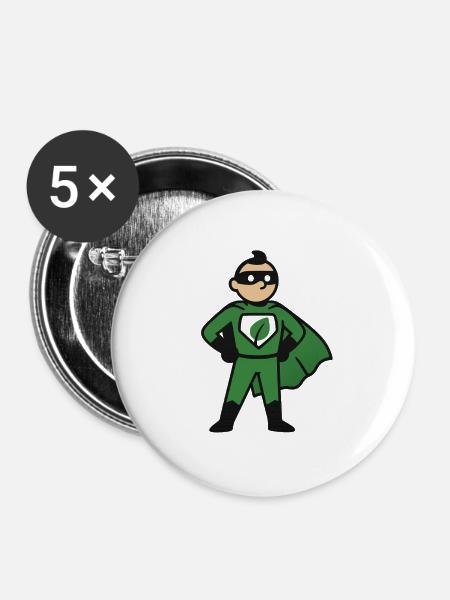Öko Superheld im Grünumhang - Buttons groß 56 mm (5er Pack) - Weiß