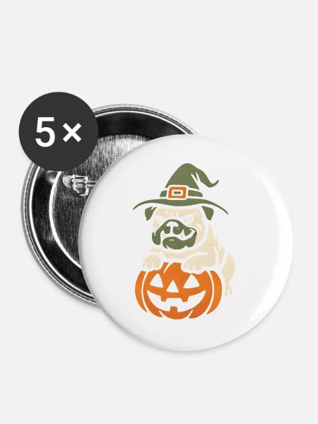 Mops Halloween Kürbis Hexe - Buttons groß 56 mm (5er Pack) - Weiß