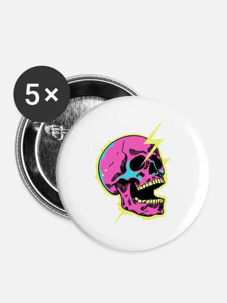 Neon-Schädel-Blitzausbruch - Buttons groß 56 mm (5er Pack) - Weiß