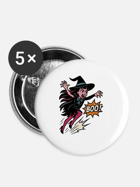 Hexenheldin im Sprung Boo - Buttons groß 56 mm (5er Pack) - Weiß
