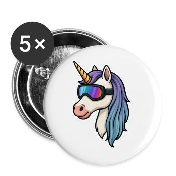 Einhorn mit cooler Skibrille - Buttons groß 56 mm (5er Pack) - Weiß - Vorne