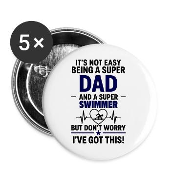 Herz + Schwimmen – Super Papa Schwimmer - Buttons groß 56 mm (5er Pack) - Weiß - Vorne