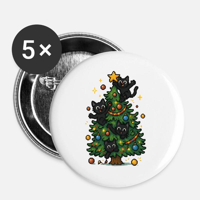 Weihnachtsbaum mit frechen Katzen - Buttons groß 56 mm (5er Pack) - Weiß