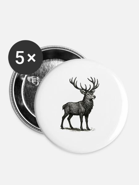 Detailreiche Hirschzeichnung - Buttons groß 56 mm (5er Pack) - Weiß