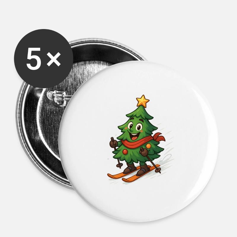 Weihnachtsbaum auf Skiern - Buttons groß 56 mm (5er Pack) - Weiß