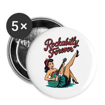 Rockabilly Forever: Pin-up Frau mit E-Gitarre Retr - Buttons groß 56 mm (5er Pack) - Weiß - Vorne