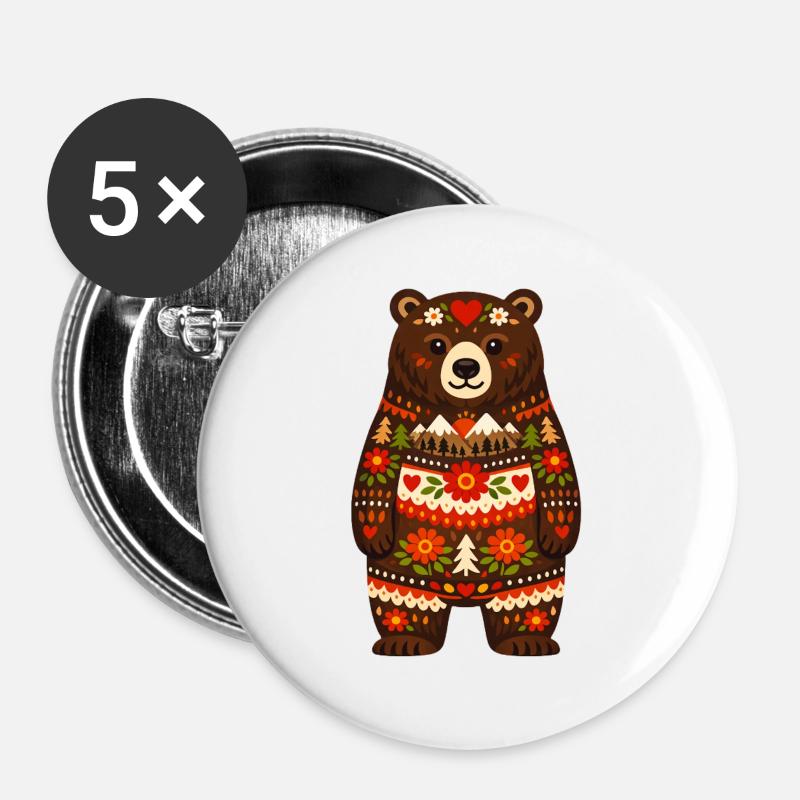 Bear in Folk Style - Buttons large 2.2''/56 mm (5-pack) - white