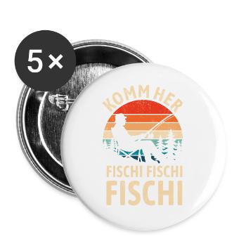 Komm her Fischi Fischi Fischi - Angler - Angeln - Buttons groß 56 mm (5er Pack) - Weiß - Vorne