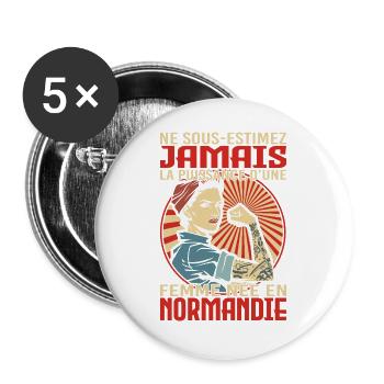 Femme née en Normandie humour fierté normande - Lot de 5 grands badges (56 mm) - blanc - Devant