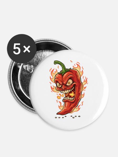 Flammender Chili-Gesicht - Buttons groß 56 mm (5er Pack) - Weiß