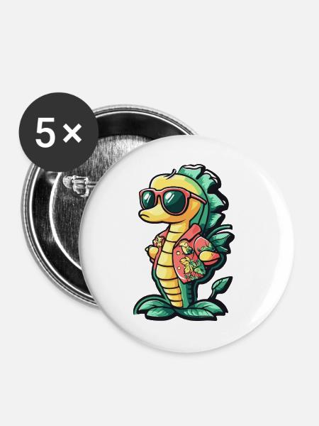 Seepferd Comic Urlaub - Buttons groß 56 mm (5er Pack) - Weiß