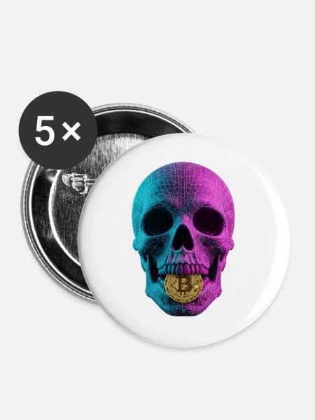 Bitcoin Skull Wireframe Design Cyan Magenta - Buttons groß 56 mm (5er Pack) - Weiß