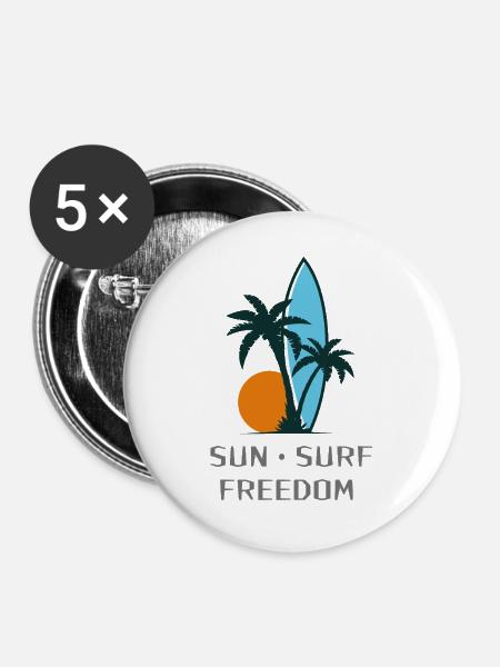 Sonne Surf Freiheit - Buttons groß 56 mm (5er Pack) - Weiß