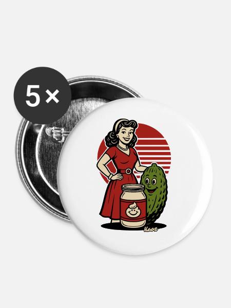 Retro Homemaker mit Gurkenglas - Buttons groß 56 mm (5er Pack) - Weiß