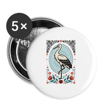 Cigogne dans le style cercle de fleurs - Lot de 5 grands badges (56 mm) - blanc - Devant