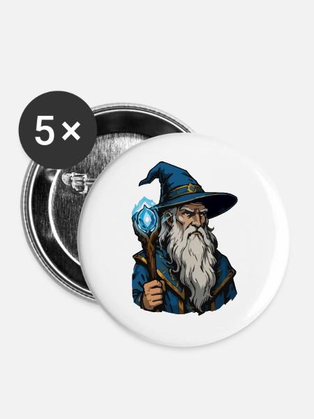 Mystischer Zauberer mit Kristallstab - Buttons groß 56 mm (5er Pack) - Weiß