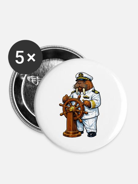 Walross als Kapitän - Buttons groß 56 mm (5er Pack) - Weiß
