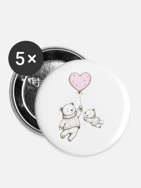 Zwei Teddybären mit Herzballon - Buttons groß 56 mm (5er Pack) - Weiß