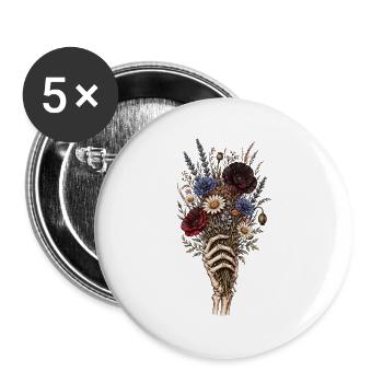 Skeletthand mit Wildblumenstrauß - Buttons groß 56 mm (5er Pack) - Weiß - Vorne