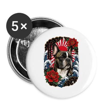Französische Bulldogge im Japan Tattoo Stil - Buttons groß 56 mm (5er Pack) - Weiß - Vorne