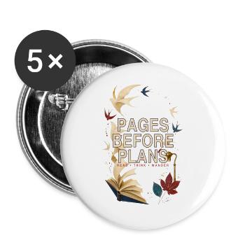 Seiten vor Plänen – Lies Think Wander - Buttons groß 56 mm (5er Pack) - Weiß - Vorne