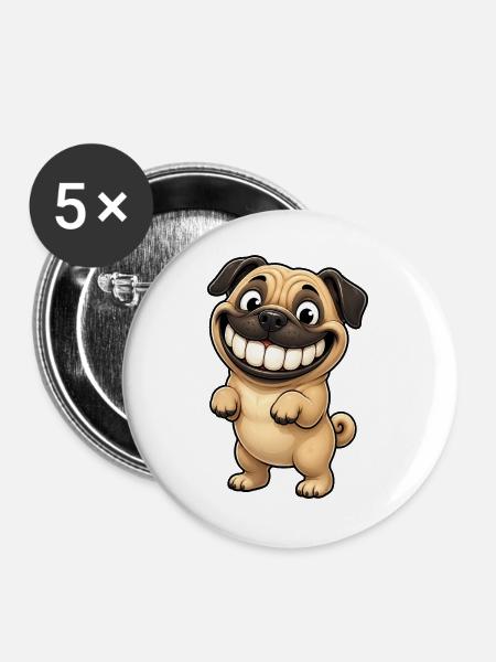 Lustiger Mops Comic zeigt Zähne - Buttons groß 56 mm (5er Pack) - Weiß