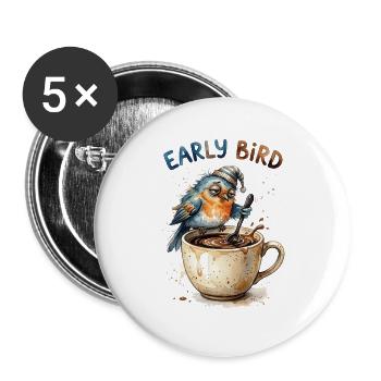 Early Bird Tired Grumpy Coffee Bird Cartoon Art - Buttons groß 56 mm (5er Pack) - Weiß - Vorne