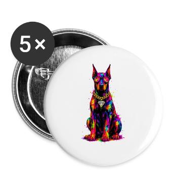 Bunter Neonhund mit Diamant - Buttons groß 56 mm (5er Pack) - Weiß - Vorne