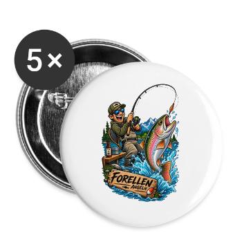 Forellenangeln Comic-Abenteuer - Buttons groß 56 mm (5er Pack) - Weiß - Vorne