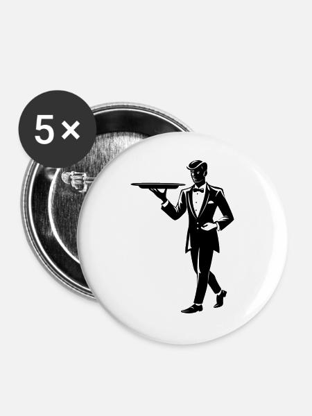 Kellner hält Tablett - Buttons groß 56 mm (5er Pack) - Weiß