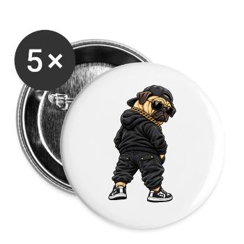 Cooler Gangster Mops im Streetwear Style - Buttons groß 56 mm (5er Pack) - Weiß - Vorne